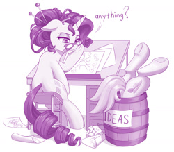 Size: 1280x1120 | Tagged: safe, artist:dstears, imported from derpibooru, coco pommel, rarity, earth pony, pony, unicorn, alternate hairstyle, barrel, butt, cool s, desk, duo, female, glasses, hatbutt, mare, monochrome, mouth hold, open mouth, paper, plot, pun, simple background, sitting, stool, underhoof, visual gag, visual pun, white background