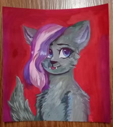 Size: 1430x1600 | Tagged: safe, artist:ske, imported from derpibooru, oc, oc only, oc:miranda shadow, cat, hybrid, original species, pony, chest fluff, fangs, solo, traditional art