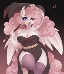 Size: 1107x1280 | Tagged: safe, artist:bunnywhiskerz, imported from derpibooru, oc, oc only, anthro, pegasus, :p, blushing, breasts, busty oc, clothes, commission, digital art, dress, female, hat, looking at you, one eye closed, socks, solo, solo female, stockings, tail, thigh highs, thighs, tongue out, wand, wings, witch, witch hat