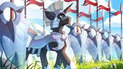 Size: 3000x1687 | Tagged: safe, artist:redchetgreen, imported from derpibooru, oc, oc only, oc:valorheart, pony, unicorn, armor, crystal guard, crystal guard armor, flag, guard, looking forward, male, shield, smiling, solo, spear, stallion, weapon