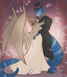 Size: 1107x1280 | Tagged: safe, artist:bunnywhiskerz, imported from derpibooru, oc, oc only, anthro, digitigrade anthro, lizard, pegasus, blushing, clothes, commission, digital art, dress, duo, female, furry, furry oc, looking at each other, looking at you, male, simple background, smiling, solo, spread wings, straight, tail, wedding dress, wings