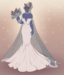 Size: 1107x1280 | Tagged: safe, artist:bunnywhiskerz, imported from derpibooru, oc, oc only, oc:blasting cap, anthro, unicorn, blushing, breasts, bride, clothes, commission, digital art, dress, female, flower, horn, jewelry, looking at you, necklace, simple background, smiling, solo, solo female, tail, wedding dress