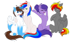 Size: 1690x1000 | Tagged: safe, artist:kate phlin, imported from derpibooru, oc, oc only, oc:armored howes, oc:grapie, oc:kate phlin, oc:rony ram, oc:rony_ram, earth pony, pegasus, pony, unicorn, derpibooru community collaboration, 2021 community collab, candy, candy cane, chest fluff, colored wings, ear piercing, eyes closed, food, freckles, group, hug, mouth hold, multicolored wings, open mouth, piercing, simple background, sitting, smiling, transparent background, wings