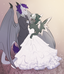 Size: 3200x3700 | Tagged: safe, artist:bunnywhiskerz, imported from derpibooru, oc, oc only, anthro, dragon, pegasus, blushing, breasts, clothes, commission, digital art, dress, duo, female, furry, furry oc, male, simple background, smiling, spread wings, straight, tail, wedding dress, wings