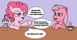 Size: 1299x678 | Tagged: safe, artist:logan jones, imported from derpibooru, pinkie pie, pinkie pie (g3), conversation, discussion, food, g3, g4, implied hasbro, milkshake, straw, tea