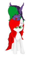 Size: 1400x2500 | Tagged: safe, artist:graphictoxin, artist:toxinagraphica, imported from derpibooru, oc, oc only, oc:daren, oc:graphic toxin, bat pony, pegasus, pony, unicorn, derpibooru, derpibooru community collaboration, 2021 community collab, bat pony oc, bat wings, big ears, cheek fluff, cute, duo, fangs, female, fluffy, front view, full face view, happy, horn, lineless, looking at you, male, mare, meta, oc x oc, pegasus oc, ponies riding ponies, riding, shipping, simple background, smiling, smirk, stallion, transparent background, unicorn oc, wings