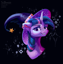 Size: 1470x1491 | Tagged: safe, artist:teaflower300, imported from derpibooru, twilight sparkle, pony, bust, female, halloween, hat, holiday, lidded eyes, mare, portrait, smiling at you, solo, witch hat