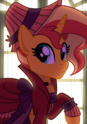 Size: 1980x2800 | Tagged: safe, artist:whitequartztheartist, imported from derpibooru, sunset shimmer, pony, unicorn, choker, clothes, dress, hat, solo