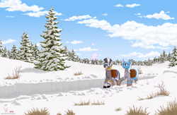 Size: 3000x1955 | Tagged: safe, artist:eriada, imported from derpibooru, trixie, zecora, pony, unicorn, zebra, alternate hairstyle, bag, boots, bracelet, clothes, coat, duo, ear piercing, earring, female, hoof boots, jewelry, mare, neck rings, piercing, raised hoof, raised leg, saddle bag, scenery, shoes, snow, tree