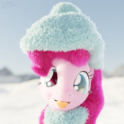 Size: 2400x2400 | Tagged: safe, artist:dashyoshi, imported from derpibooru, pinkie pie, earth pony, pony, 3d, blender, blender cycles, clothes, looking at you, mountain, scarf, snow, solo, tongue out, winter, winter outfit