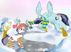 Size: 3118x2267 | Tagged: safe, artist:scoundrel scaramouche, imported from derpibooru, oc, oc only, oc:liquorice sweet, oc:soaring skies, earth pony, pegasus, pony, clothes, hat, hearth's warming, snow, snowfall, socks, striped socks, tree, winter