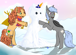 Size: 3118x2267 | Tagged: safe, artist:scoundrel scaramouche, imported from derpibooru, oc, oc:grey, oc:highland spring, bat pony, pony, unicorn, bat pony oc, bat wings, clothes, hearth's warming, leg brace, scarf, snowpony, wings, winter