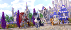 Size: 3440x1440 | Tagged: safe, artist:thelunagames, imported from derpibooru, princess luna, oc, oc:ari, oc:crystal moon, oc:crystamoon, oc:lovers, oc:nightmercrystal, oc:perseus, oc:rockstar, oc:sliva, alicorn, pegasus, pony, unicorn, 3d, canterlot, cinema4d, photoshop, statue, technical advanced, tree