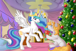 Size: 1250x850 | Tagged: safe, artist:scoundrel scaramouche, imported from derpibooru, princess celestia, oc, oc:dusty pages, bed, christmas, christmas tree, hearth's warming, holiday, present, tree