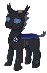Size: 636x978 | Tagged: safe, artist:heretichesh, imported from derpibooru, oc, oc only, oc:artbug, changeling, derpibooru community collaboration, 2021 community collab, badge, lidded eyes, male, pencil, pencil behind ear, simple background, solo, stallion, transparent background