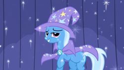 Size: 1920x1080 | Tagged: safe, imported from derpibooru, screencap, trixie, pony, unicorn, boast busters, alternative cutie mark placement, cape, clothes, female, hat, inner thigh cutie mark, mare, smiling, solo, sparkles, trixie's hat