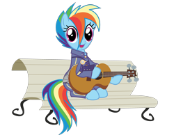 Size: 3841x2980 | Tagged: safe, alternate version, anonymous artist, derpibooru exclusive, imported from derpibooru, rainbow dash, pegasus, pony, .svg available, alternate timeline, amputee, apocalypse dash, artificial wings, augmented, background removed, bench, crystal war timeline, cute, dashabetes, eye scar, eyelashes, female, foal house, full house, guitar, mare, musical instrument, open mouth, outdoors, prosthetic limb, prosthetic wing, prosthetics, scar, simple background, sitting, smiling, solo, svg, sweet dreams fuel, transparent background, tree, vector, wings
