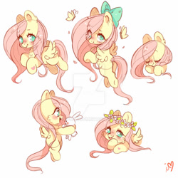 Size: 800x800 | Tagged: safe, artist:ipun, imported from derpibooru, angel bunny, fluttershy, butterfly, pegasus, pony, rabbit, animal, blushing, bow, bust, cheek fluff, chest fluff, cute, cutie mark eyes, deviantart watermark, ear fluff, eyes closed, female, floral head wreath, flower, flying, hair bow, hair over one eye, heart, holding, looking at someone, looking at you, looking back, looking back at you, male, mare, no pupils, obtrusive watermark, open mouth, profile, shyabetes, smiling, solo, spread wings, three quarter view, watermark, wingding eyes, wings