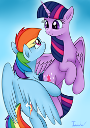 Size: 2480x3507 | Tagged: safe, artist:twidasher, imported from derpibooru, rainbow dash, twilight sparkle, alicorn, pegasus, pony, duo, female, flying, gradient background, lesbian, looking at each other, shipping, signature, twidash, twilight sparkle (alicorn)