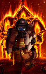Size: 2559x4150 | Tagged: safe, artist:pridark, imported from derpibooru, oc, oc only, pegasus, pony, badass, clothes, commission, duo, eyes closed, fire, firefighter, high res, holding a pony, house, rescue, uniform