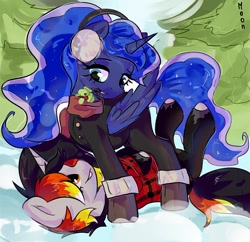 Size: 1080x1046 | Tagged: source needed, safe, artist:moon_emili, imported from derpibooru, princess luna, oc, oc:moonshine, alicorn, unicorn, bedroom eyes, boots, bottom, clothes, coat, collar, couple, cute, date, earmuffs, flannel, flannel shirt, hearth's warming eve, horn, horseplay, imminent kissing, looking down, looking up, lying down, mistletoe, scarf, shipping, shoes, smiling, snow, socks, standing over, stockings, thigh highs, top, tree, unicorn oc, wings, wings down