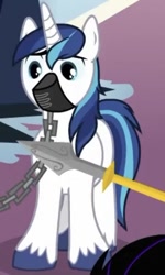 Size: 300x501 | Tagged: safe, imported from derpibooru, shining armor, the beginning of the end, chains, gag, muzzle gag