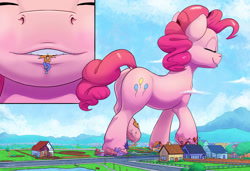 Size: 2500x1710 | Tagged: safe, artist:tsitra360, imported from derpibooru, part of a set, pinkie pie, earth pony, human, pony, comic:pink box surprise, balloonbutt, butt, cutie mark, destruction, eyes closed, frog (hoof), giant earth pony, giant pinkie pie, giant pony, growth, high res, house, macro, mouth hold, plot, town, underhoof