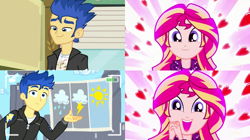 Size: 1534x860 | Tagged: safe, edit, edited screencap, imported from derpibooru, screencap, flash sentry, sunset shimmer, best trends forever, eqg summertime shorts, equestria girls, equestria girls (movie), equestria girls series, pet project, female, flashimmer, male, shipping, shipping domino, straight