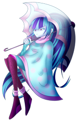 Size: 1932x2890 | Tagged: safe, artist:mywasasi, imported from derpibooru, sonata dusk, siren, equestria girls, boots, cloak, clothes, disguise, disguised siren, ear piercing, earring, jewelry, piercing, sad, shoes, simple background, solo, tired, transparent background, umbrella