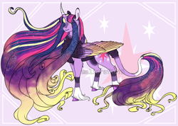 Size: 1136x807 | Tagged: safe, artist:malinraf1615, imported from derpibooru, twilight sparkle, alicorn, pony, the last problem, alternate hairstyle, chest fluff, colored wings, curved horn, cutie mark, ethereal mane, female, horn, leg fluff, leonine tail, long mane, mare, markings, multicolored hair, multicolored mane, multicolored wings, older, older twilight, princess twilight 2.0, rainbow power, rainbow power twilight sparkle, redesign, solo, starry mane, twilight sparkle (alicorn), unshorn fetlocks, wings