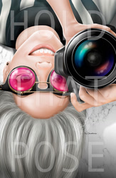 Size: 769x1181 | Tagged: safe, artist:chombeau, imported from derpibooru, photo finish, human, camera, female, grin, humanized, looking at you, realistic, signature, smiling, solo, sunglasses, text, upside down