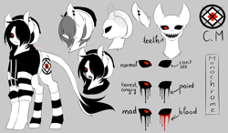 Size: 3201x1873 | Tagged: safe, artist:riariirii2, imported from derpibooru, oc, oc only, oc:monochrome, demon, demon pony, original species, pony, bald, black sclera, black tears, blood, bust, clothes, crying, ear piercing, earring, hair over one eye, hat, jewelry, leonine tail, piercing, red eyes, reference sheet, socks, striped socks, tears of blood