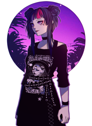 Size: 1600x2200 | Tagged: safe, artist:riariirii2, imported from derpibooru, twilight sparkle, human, alternate hairstyle, blackletter, choker, clothes, female, humanized, nail polish, simple background, smiling, solo, white background