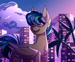 Size: 3000x2500 | Tagged: safe, artist:celes-969, artist:spirit-fire360, imported from derpibooru, oc, oc only, oc:apogee, pegasus, pony, chest fluff, city, cityscape, cloud, eye clipping through hair, female, mare, older apogee, palm tree, signature, sky, smiling, solo, stars, tree