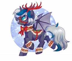 Size: 2565x2188 | Tagged: safe, artist:lunnitavaldez, imported from derpibooru, oc, oc only, oc:elizabat stormfeather, alicorn, bat pony, bat pony alicorn, pony, alicorn oc, animal costume, anklet, antlers, bat pony oc, bat wings, bell, bell collar, bow, christmas, collar, commission, costume, cute, female, grin, holiday, horn, mare, ocbetes, raised hoof, raised leg, reindeer antlers, reindeer costume, reins, ribbon, saddle, simple background, smiling, snow, solo, tack, white background, wings, wristband, ych result