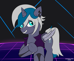 Size: 2903x2409 | Tagged: safe, artist:canterlotex, imported from derpibooru, oc, oc only, oc:elizabat stormfeather, alicorn, bat pony, bat pony alicorn, cyborg, pony, alicorn oc, amputee, artificial wings, augmented, bat pony oc, bat wings, clothes, commission, cyberpunk, cyberpunk 2077, ear piercing, earring, female, grin, horn, jacket, jewelry, leather jacket, mare, piercing, prosthetic limb, prosthetic wing, prosthetics, raised hoof, smiling, solo, wings, ych result