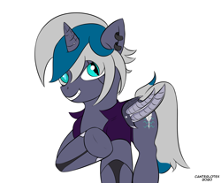 Size: 2903x2409 | Tagged: safe, alternate version, artist:canterlotex, imported from derpibooru, oc, oc only, oc:elizabat stormfeather, alicorn, bat pony, bat pony alicorn, cyborg, pony, alicorn oc, amputee, artificial wings, augmented, bat pony oc, bat wings, clothes, commission, cyberpunk, cyberpunk 2077, ear piercing, earring, female, grin, horn, jacket, jewelry, leather jacket, mare, piercing, prosthetic limb, prosthetic wing, prosthetics, raised hoof, simple background, smiling, solo, white background, wings, ych result