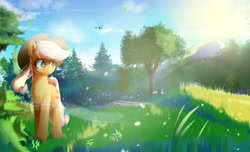 Size: 5236x3175 | Tagged: safe, artist:naafreelanceartist, imported from derpibooru, applejack, bird, earth pony, pony, absurd resolution, cheek fluff, cloud, ear fluff, forest, scenery, sky, solo, solo focus, sun, tree, wind