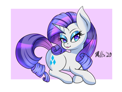 Size: 1200x900 | Tagged: safe, artist:melliedraws, artist:melliepiyo, imported from derpibooru, kotobukiya, rarity, pony, unicorn, crossed hooves, cute, eyeshadow, female, heart nostrils, lidded eyes, lipstick, lying down, makeup, mare, prone, raribetes, signature, simple background, smiling, solo