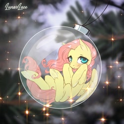 Size: 1000x1000 | Tagged: safe, artist:lunarlacepony, imported from derpibooru, fluttershy, pegasus, pony, bauble, blushing, christmas ball, christmas decoration, cute, female, hooves to the chest, looking at you, mare, new year, shyabetes, solo, three quarter view, trapped, underhoof, unshorn fetlocks, wings