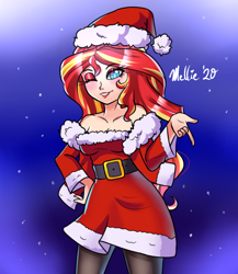 Size: 650x750 | Tagged: safe, artist:melliedraws, artist:melliepiyo, imported from derpibooru, sunset shimmer, human, equestria girls, breasts, christmas, clothes, commission, costume, eyeshadow, hat, heart eyes, holiday, humanized, lipstick, looking at you, makeup, one eye closed, santa costume, santa hat, signature, smiling, solo, wingding eyes, wink, winking at you