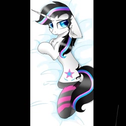 Size: 879x879 | Tagged: safe, artist:rxndxm.artist, imported from derpibooru, oc, oc only, oc:shooting star, pony, unicorn, base used, body pillow, body pillow design, chest fluff, clothes, female, horn, lying down, mare, socks, solo, striped socks, unicorn oc