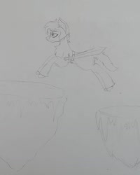 Size: 1080x1352 | Tagged: safe, artist:rxndxm.artist, imported from derpibooru, oc, oc only, earth pony, pony, earth pony oc, floating island, jumping, lineart, monochrome, solo, sword, traditional art, weapon