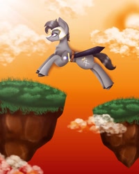 Size: 1080x1350 | Tagged: safe, alternate version, artist:rxndxm.artist, imported from derpibooru, oc, oc only, earth pony, pony, colored, earth pony oc, floating island, jumping, solo, sword, weapon