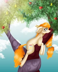 Size: 1080x1350 | Tagged: safe, alternate version, artist:rxndxm.artist, imported from derpibooru, pear butter, earth pony, pony, apple, apple tree, cloud, colored, food, intertwined trees, outdoors, pear tree, solo, tree