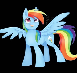 Size: 1080x1029 | Tagged: safe, artist:princessesmeraldaofficial, imported from derpibooru, rainbow dash, pegasus, pony, backwards cutie mark, black background, female, looking up, mare, signature, simple background, smiling, solo, spread wings, wings