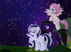 Size: 1200x889 | Tagged: safe, artist:jennieoo, imported from derpibooru, orion, shooting star (character), oc, oc:andrewmeda, oc:gentle star, oc:milky way, oc:milky way (sodadrinker11), earth pony, pegasus, pony, butt, constellation, cute, flying, night, night sky, ocbetes, plot, show accurate, sky, stars, tree, wings