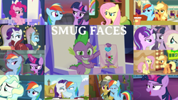 Size: 1994x1121 | Tagged: safe, edit, edited screencap, editor:quoterific, imported from derpibooru, screencap, applejack, daring do, fluttershy, pinkie pie, rainbow dash, rarity, spike, starlight glimmer, twilight sparkle, vapor trail, wind rider, alicorn, daring don't, every little thing she does, it ain't easy being breezies, not asking for trouble, rarity investigates, stare master, stranger than fan fiction, the crystalling, the cutie map, the end in friend, the saddle row review, top bolt, viva las pegasus, cutie map, detective rarity, dreamworks face, equalized, faic, fluttershy's cottage (interior), hug, mane seven, mane six, our town, smug, smugdash, smuglight glimmer, smuglight sparkle, twilight sparkle (alicorn), twilight's castle, winghug