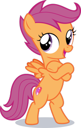 Size: 1000x1587 | Tagged: safe, artist:phucknuckl, imported from derpibooru, scootaloo, pegasus, pony, flight to the finish, for whom the sweetie belle toils, on your marks, bipedal, crossed hooves, cute, cutealoo, female, filly, open mouth, pose, simple background, smiling, solo, transparent background, vector