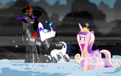 Size: 3268x2067 | Tagged: safe, artist:stellardusk, imported from derpibooru, king sombra, princess cadance, shining armor, alicorn, pony, umbrum, unicorn, alternate cutie mark, alternate hair, alternate hairstyle, armor, bevor, blizzard, boots, cape, chestplate, clothes, colored horn, colored sclera, corrupted, corrupted shining armor, criniere, croupiere, crown, crying, cuirass, curved horn, dark, dark magic, evil grin, fauld, female, gay, gorget, greaves, grin, helmet, horn, infidelity, infidelity armor, jewelry, magic, male, pauldron, peytral, plackart, possessed, possession, regalia, robe, saddle, shiningsombra, shipping, shoes, show accurate, smiling, snow, snowfall, sombra eyes, sombra horn, sombra's cape, sombra's robe, tack, trio